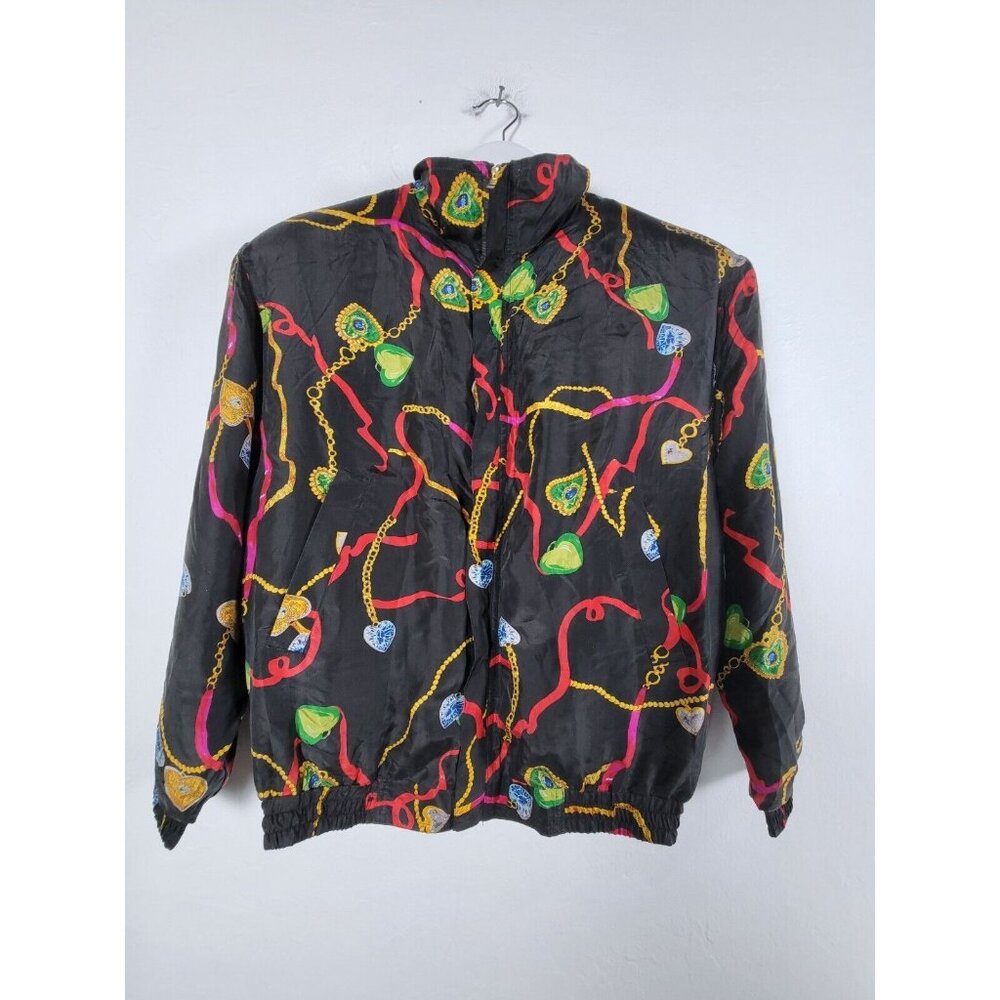 A.M. Studio Womens Jacket Medium Black Geometric Silk Satin Full Zip Lightweight